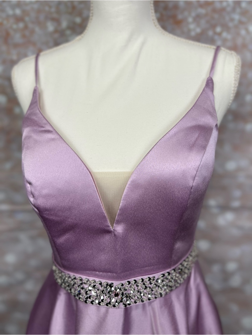 Lilac Satin A-Line Dress with Jeweled Waist - Picture 6 of 6